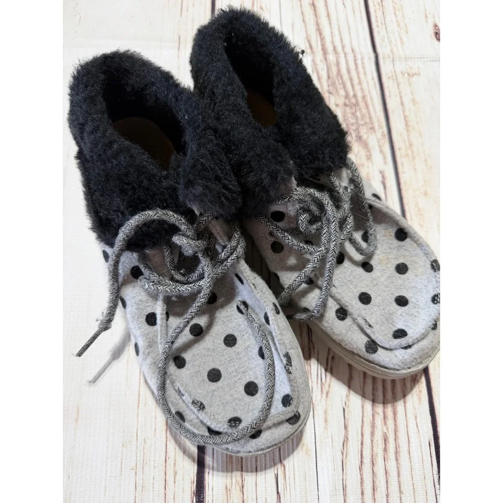 Hey Dude Youth Size 3 Grey Polka Dot Faux Fur Lined Slip On Loafers Shoes